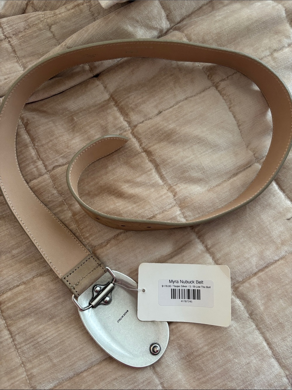 Myra Bag Taupe Nubuck Belt with Silver Oval Buckle